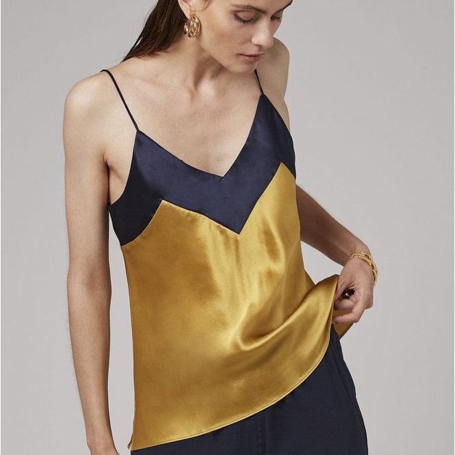 Pure Silk Cami top in Gold with Contrast V Neck