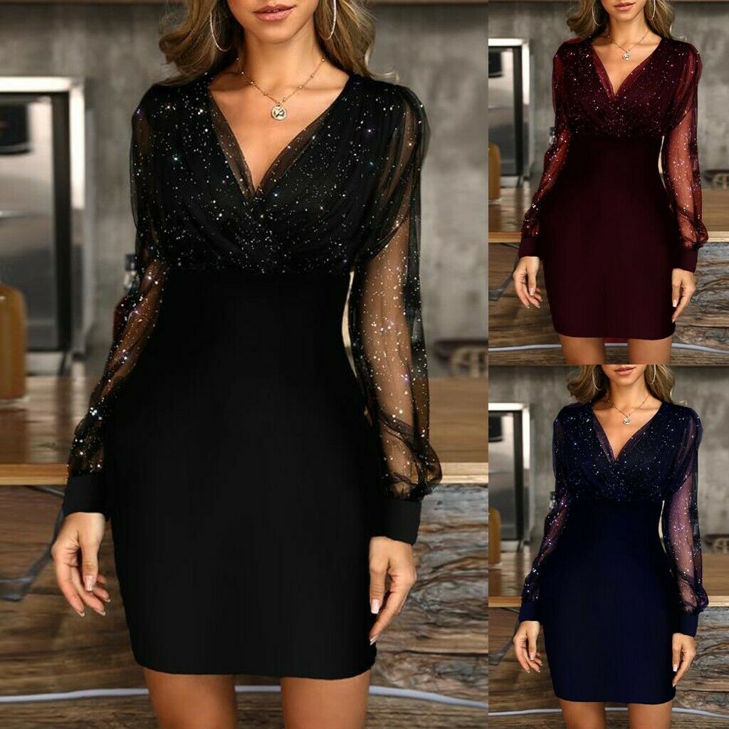 Women Sequin Sexy Long Sleeve Retro V Neck Mesh Elegant Party Club Mini Dress UK