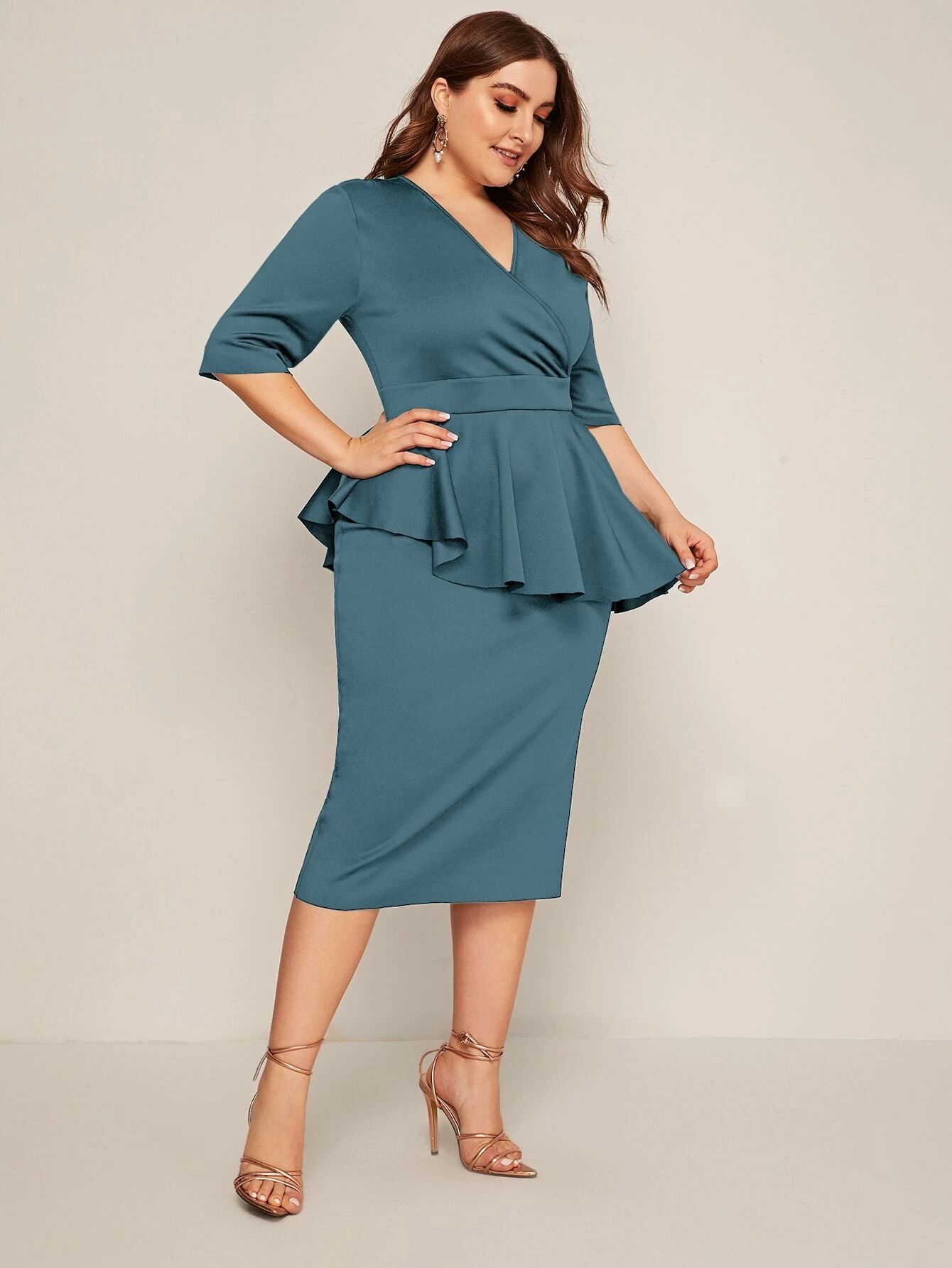 SHEIN Plus Zip Back Surplice Neck Peplum Dress