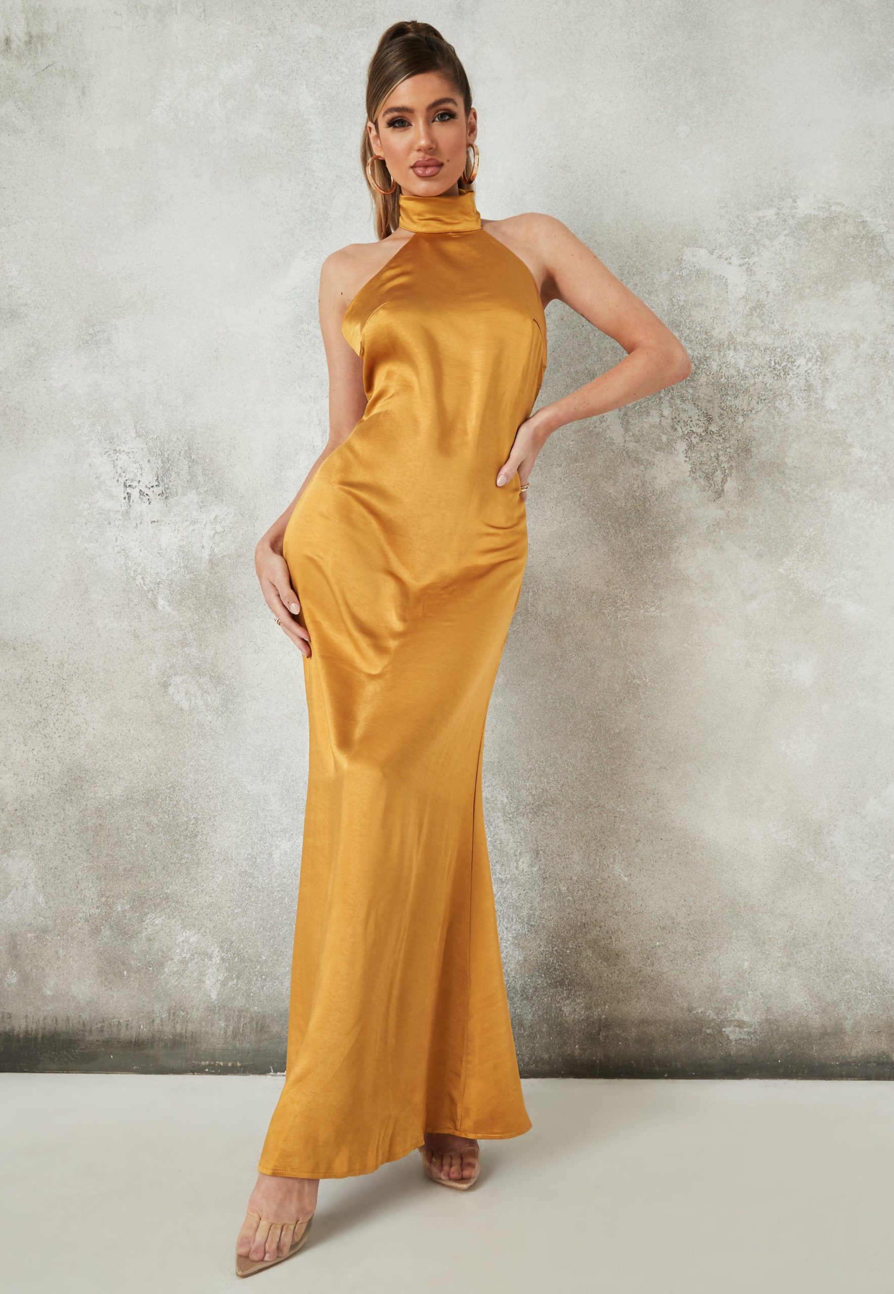 yellow satin halter neck maxi dress