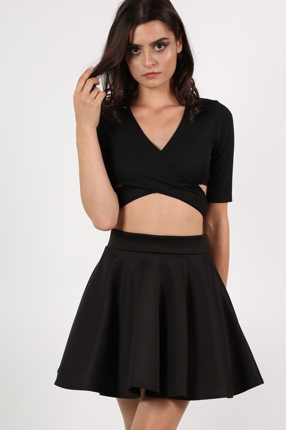 v- neck top with black Skater Skirts