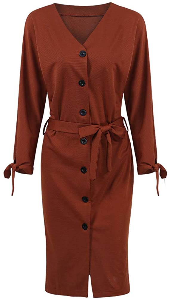 Button Waist Sash Tied Midi Elegant One-Piece