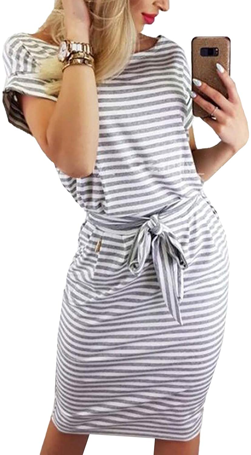 Tie Waist Short Sleeve Striped Midi Dress