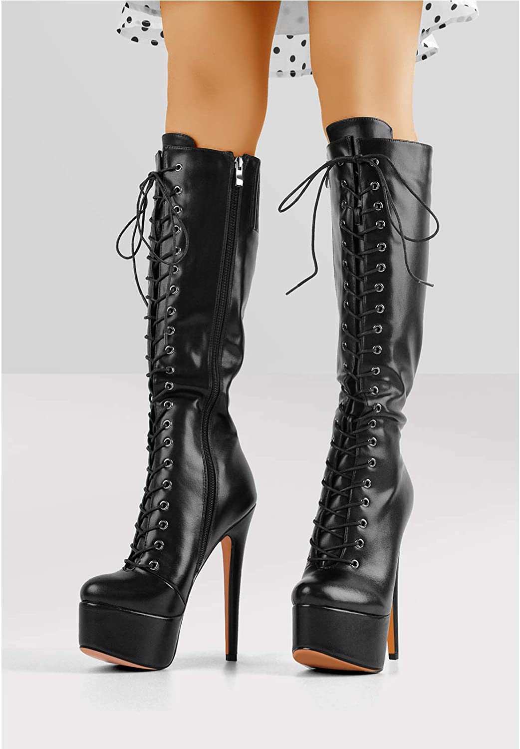 MissHeel Women's Knee High Platform Boots Lace-up Stiletto Winter Wearing Booties