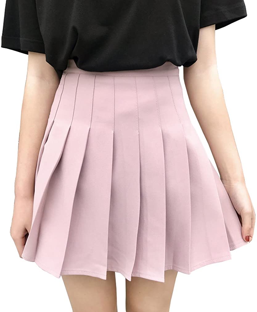 Hoerev Women Girls Short High Waist Pleated Skater Tennis School Skirt