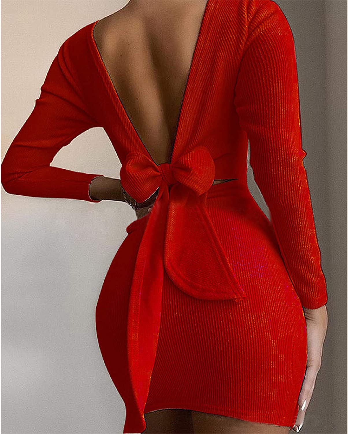  Back Bow-Knot Tie Up Long Sleeve Bodycon Dress