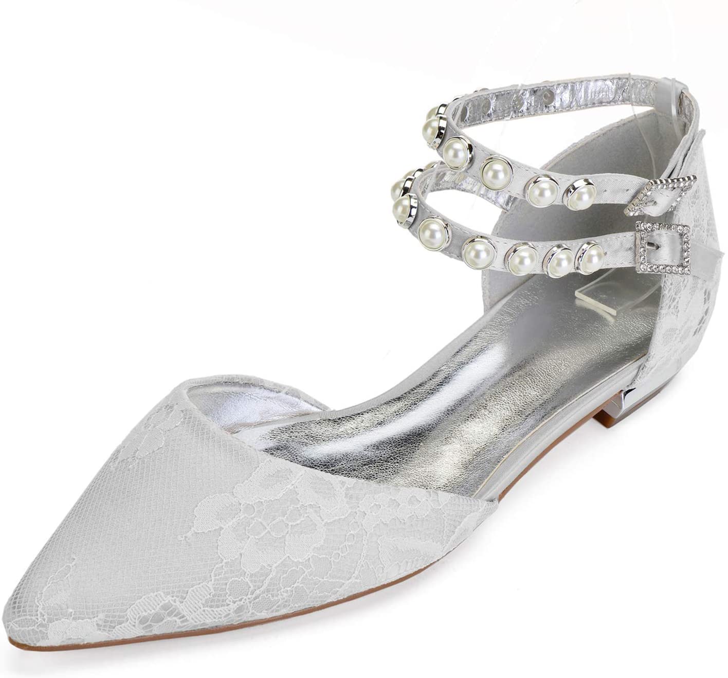 Toe Lace Satin Elegant Flats Ballet Pumps Pearl Ankle Strap Ballerinas Wedding Evening Party bridal shoe