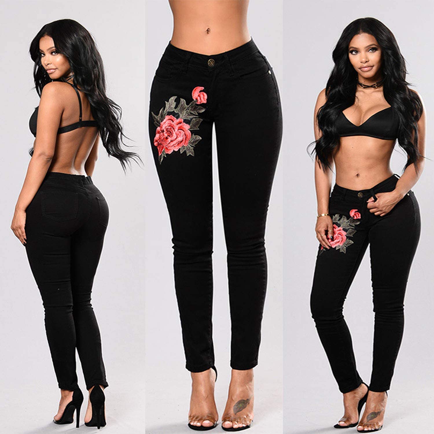 Womens Denim Skinny Ripped Slim Embroidered Jeans