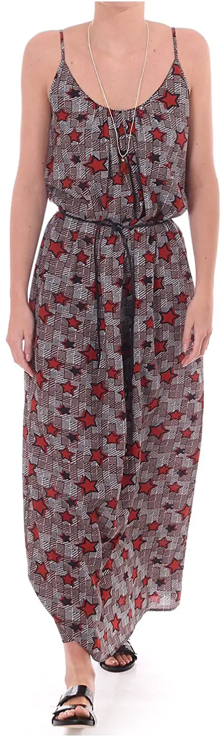 Maison Scotch Maxi Dress with Star Print and Shoestring Straps Red