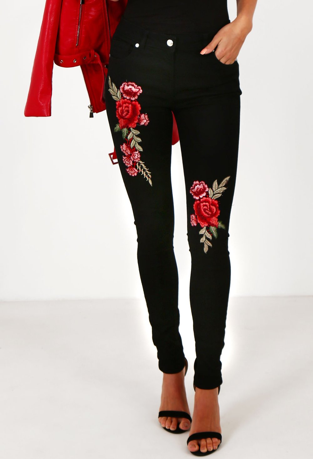  Black Floral Embroidered Skinny Jeans
