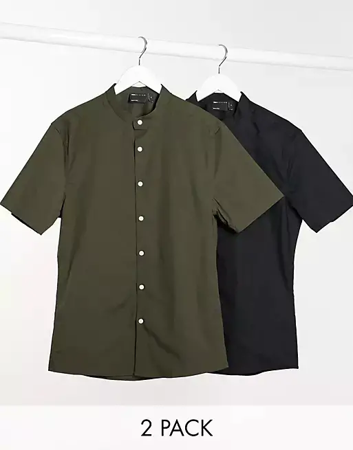 ASOS DESIGN 2 pack skinny fit shirt with grandad collar in khaki/black save