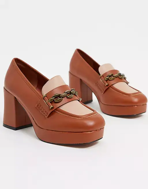 ASOS DESIGN Selina platform mid-heeled loafers in blush/tan
