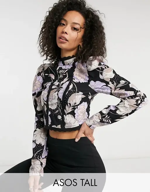 ASOS DESIGN Tall high neck floral top with lace detail