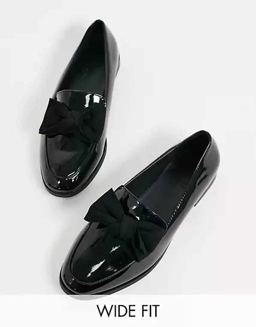 ASOS DESIGN Wide Fit Mollie bow flat shoes in black patent