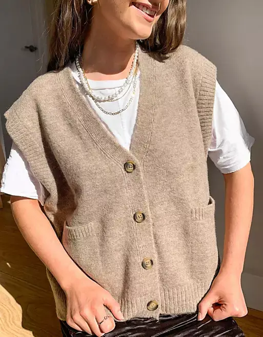 ASOS DESIGN co-ord knitted tank with button through detail in taupe