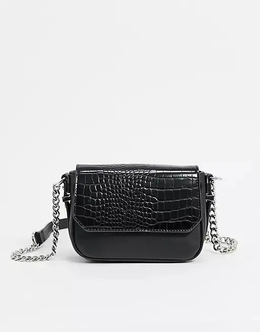 ASOS DESIGN cross body bag in black with croc effect flap