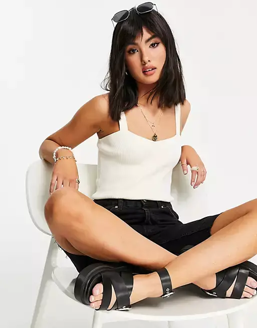 ASOS DESIGN knitted cami with sweetheart neckline in cream