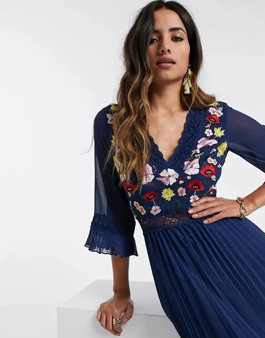 ASOS DESIGN lace insert pleated midi dress with embroidery in navy