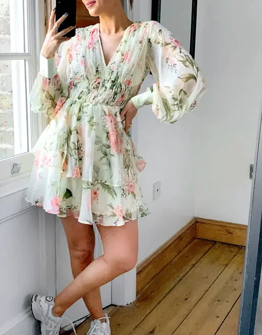 ASOS DESIGN pearl embellished button bodice mini dress with ruching detail and skirt splits in floral print