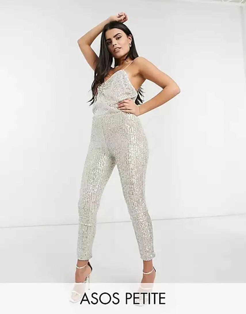 ASOS DESIGN petite ruched front skinny strap sequin jumpsuit in silver