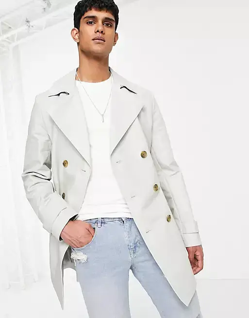ASOS DESIGN shower resistant double breasted trench coat in grey