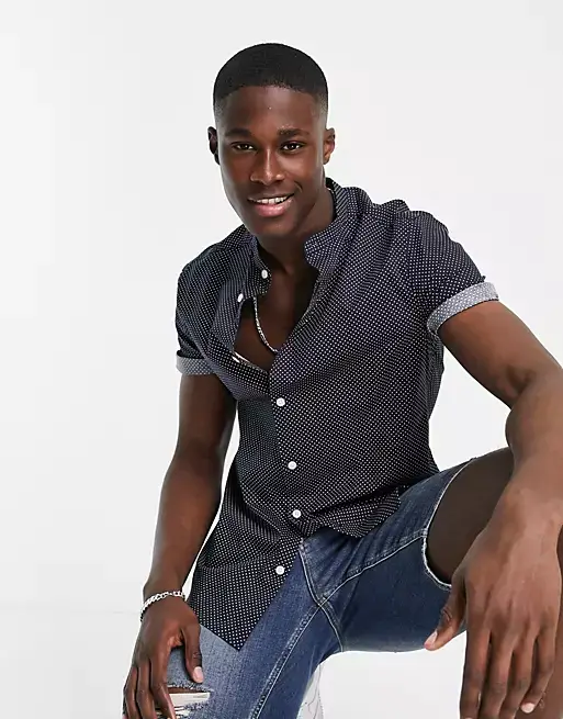 ASOS DESIGN slim fit navy polka dot shirt with grandad collar in short sleeve