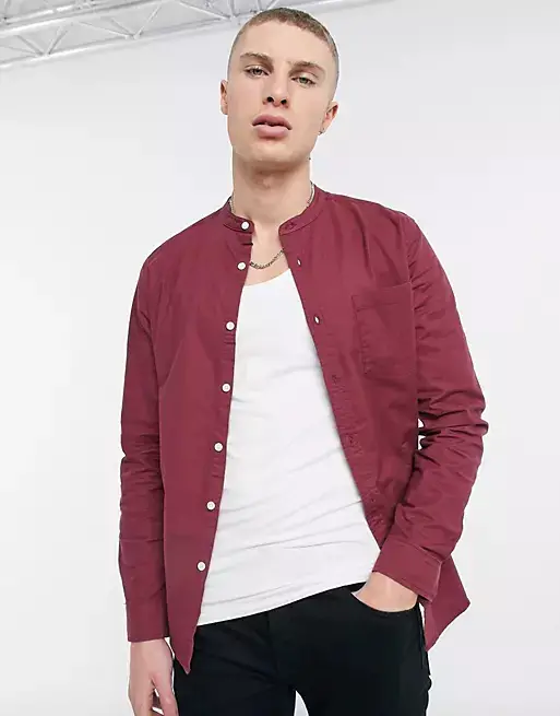 ASOS DESIGN slim fit organic oxford grandad collar shirt in burgundy
