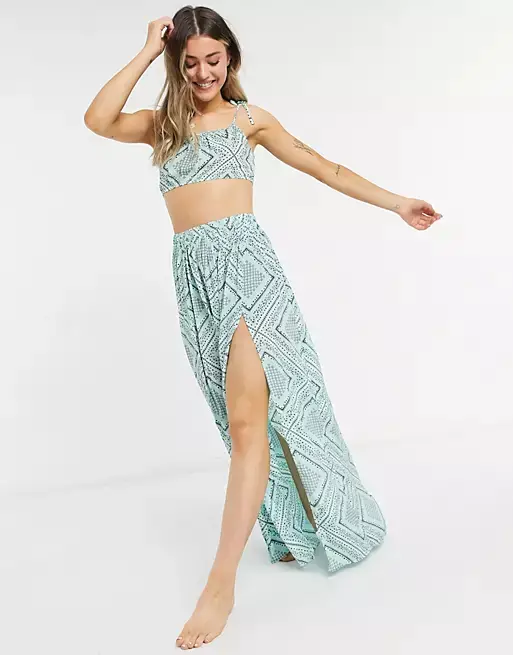 ASOS DESIGN tie detail maxi beach skirt co ord in bandana print
