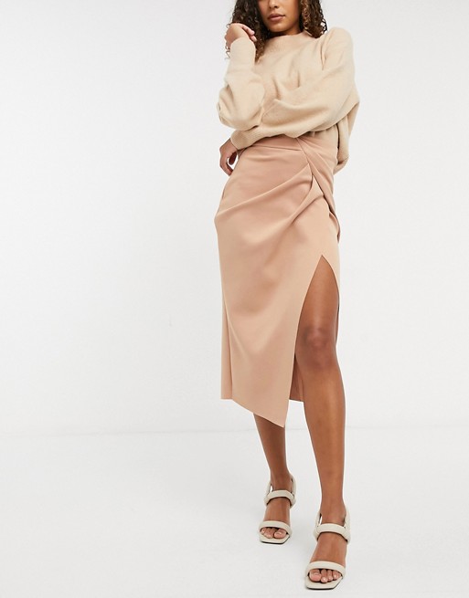 ASOS DESIGN wrapped scuba midi pencil skirt in tan