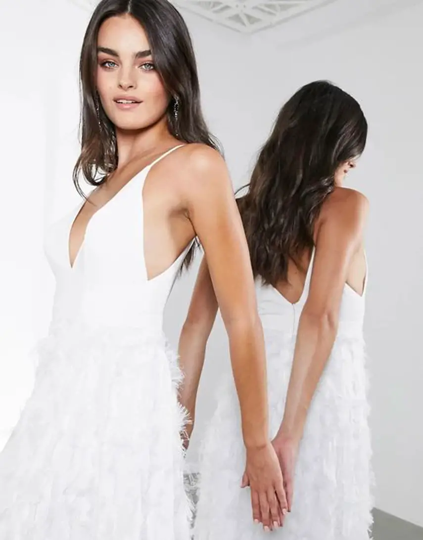 ASOS EDITION Afira plunge wedding dress with feather effect skirt