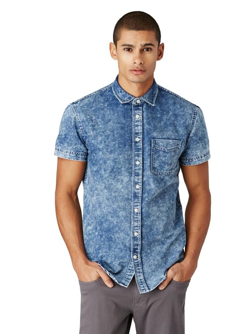 Acid-Wash Denim Short-Sleeve Shirt in Blue