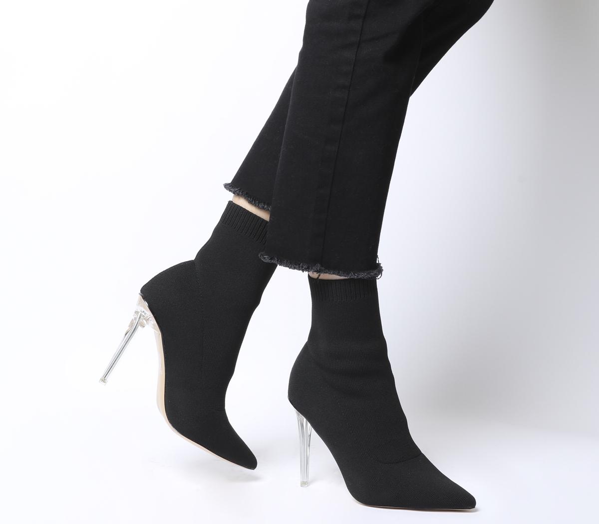 Almighty Fine Point Sock Boots Black With Clear Heel