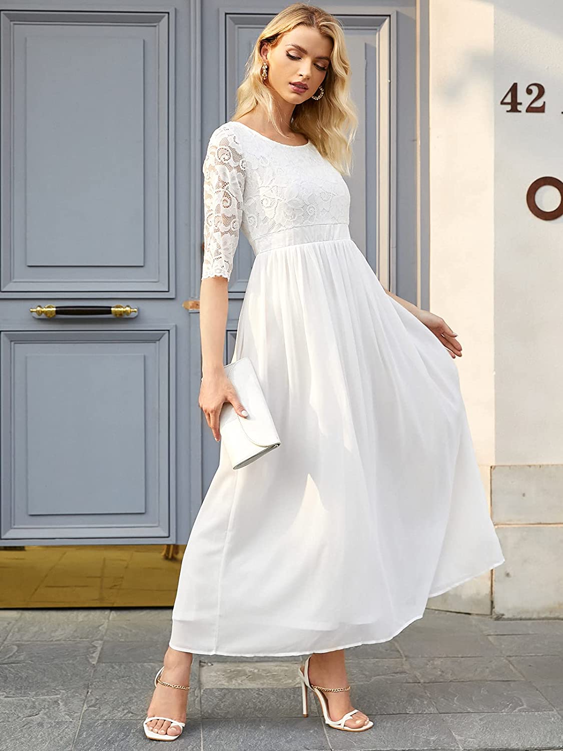Auxo Womens Evening Dress Lace Floral Net Yarn High Waist Summer Long Prom Dresses Women Ladies Maxi Party Cocktail Dress