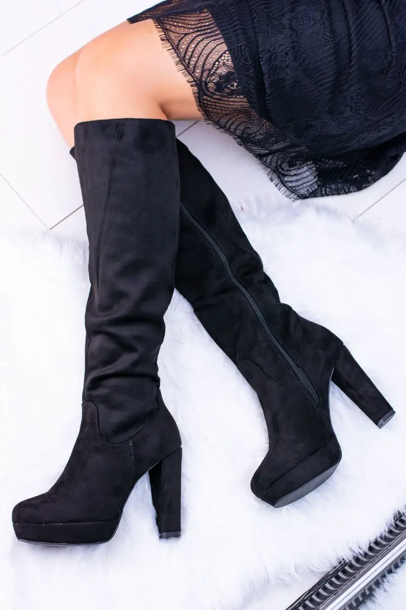 BLACK WOMEN'S SUEDE HOGH BOOTS ON HEEL AND PLATFORM SERGIO LEONE KZ296