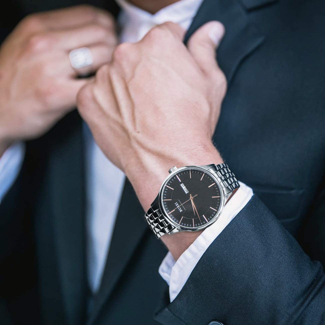 BUREI Men's Quartz Wrist Watches with Black&White Dial Watches Day and Date Calendar Stainless Steel Band