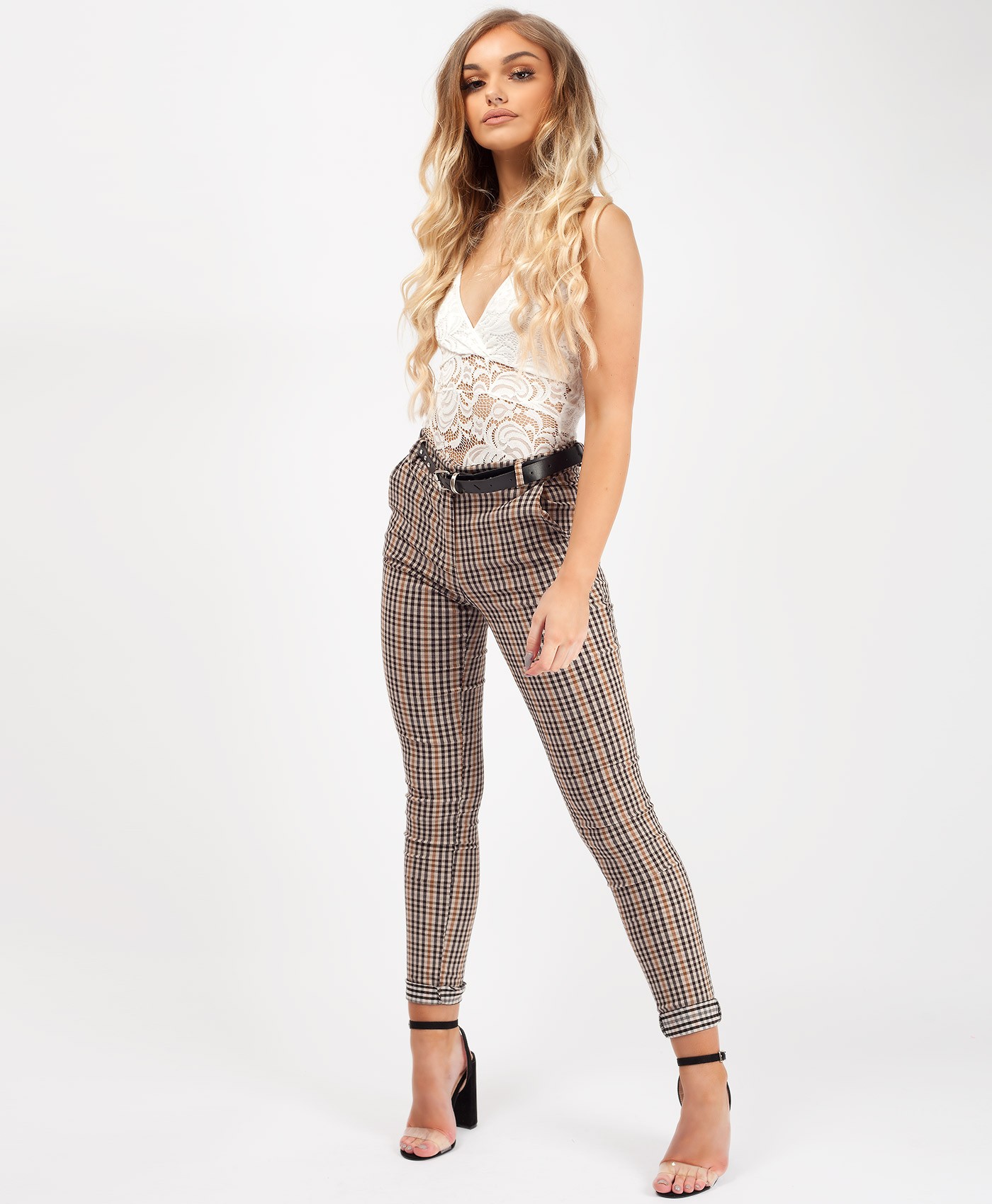 Beige Gingham Check Belted Peg Trousers