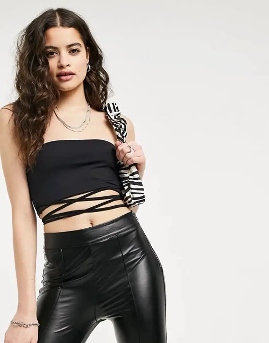 Bershka wrap tie detail bandeau top in black