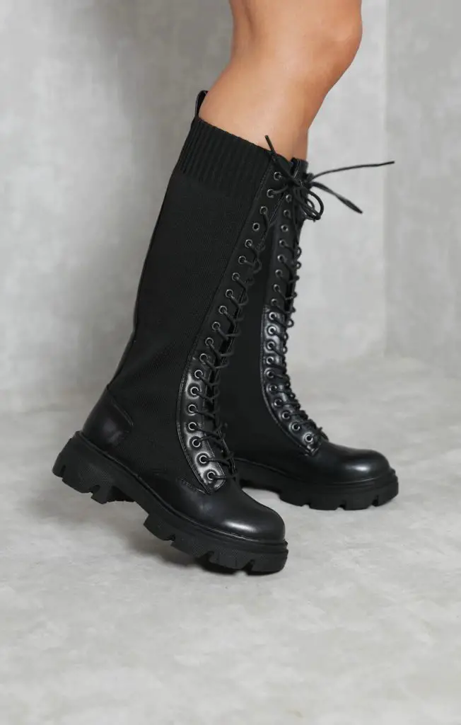 black leather knee high lace up boots