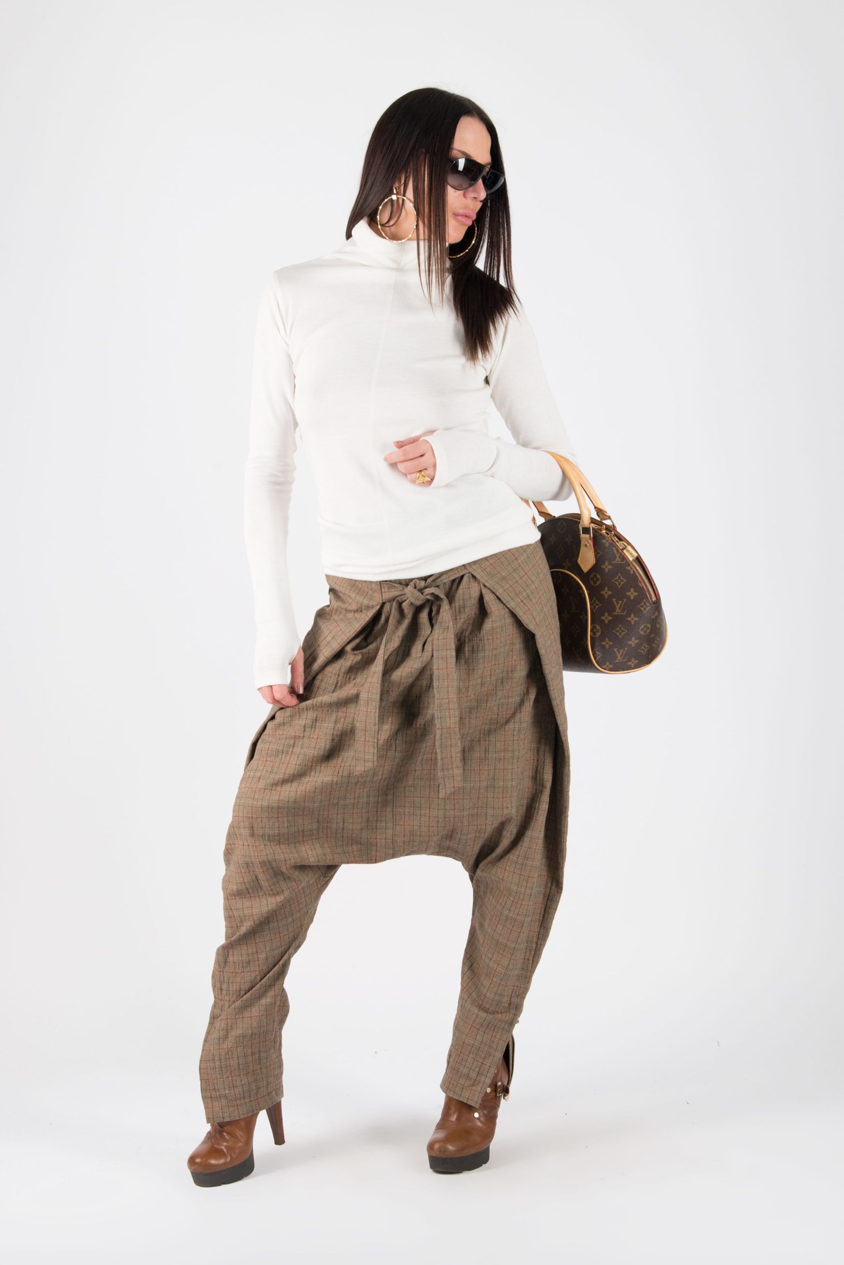 Brown Check Drop Crotch Pants