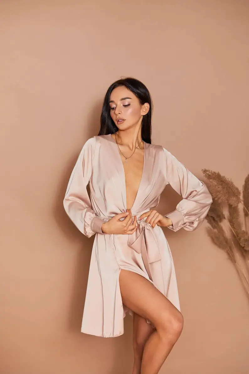 Champagne silk satin cocktail wrap dress/ satin mini party dress/ mini boho dress/ minimalist dress/ silk wrap dress/ wedding guest dress