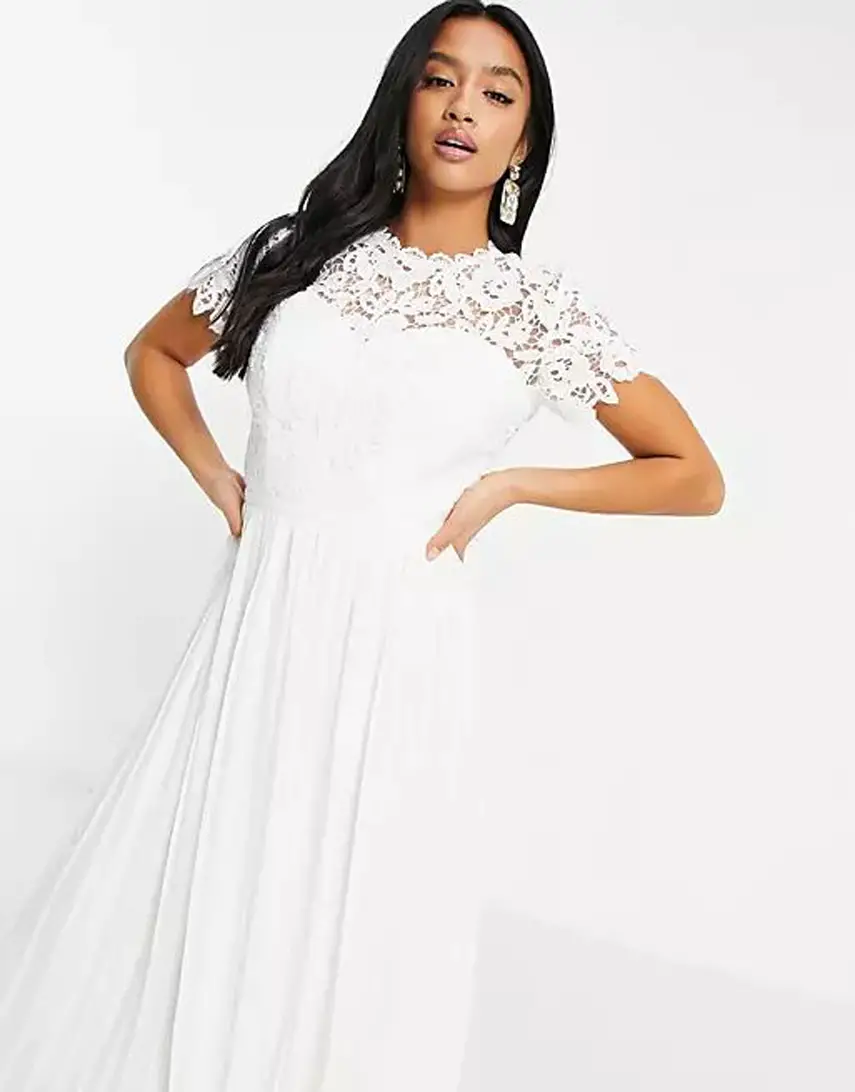 Chi Chi London Petite lace maxi dress with scalloped back in white