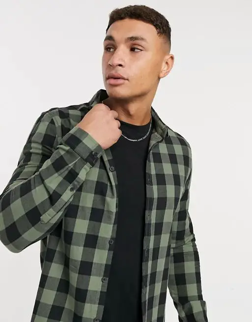 stretch slim buffalo check shirt in khaki