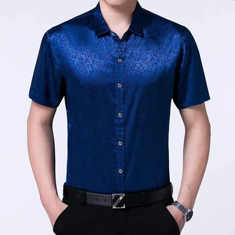 Blue Silk Satin Dress Shirt Men Stylish Floral Print