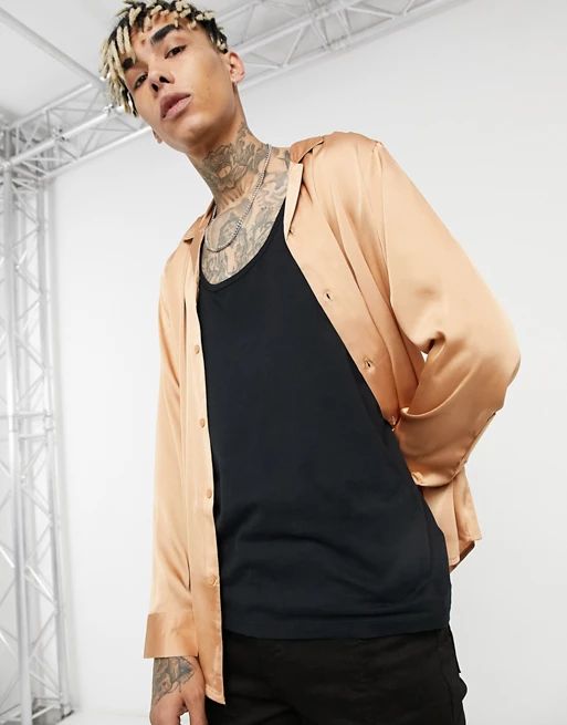 satin shirt with revere collar in tan