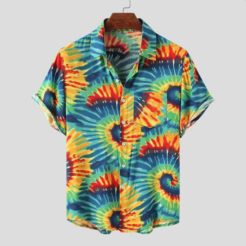 Men Hawaiian Shirt Tie Dye Printed Short Sleeve