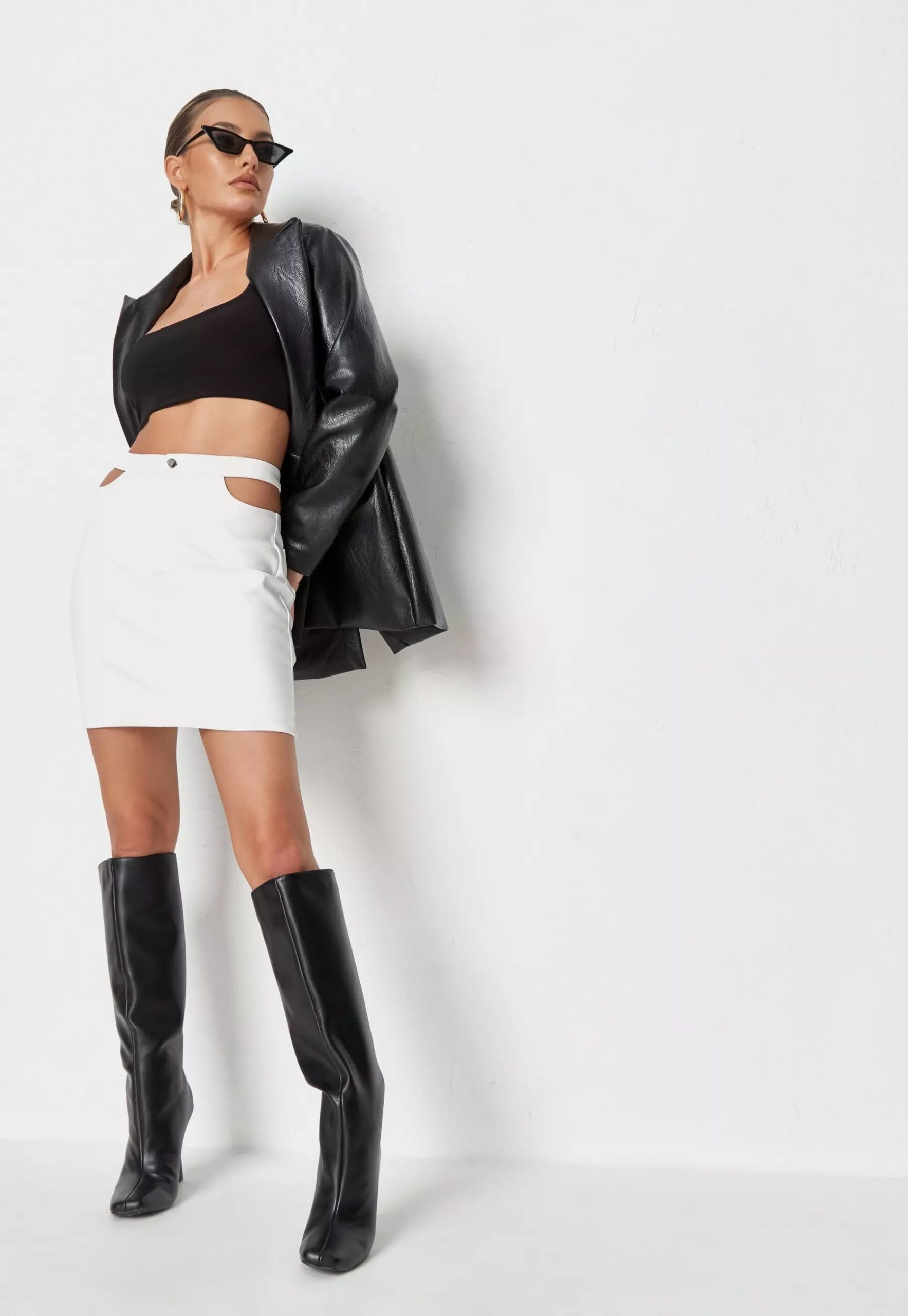 white faux leather cut out detail mini skirt