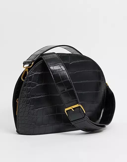 large croc half moon cross body bag in black