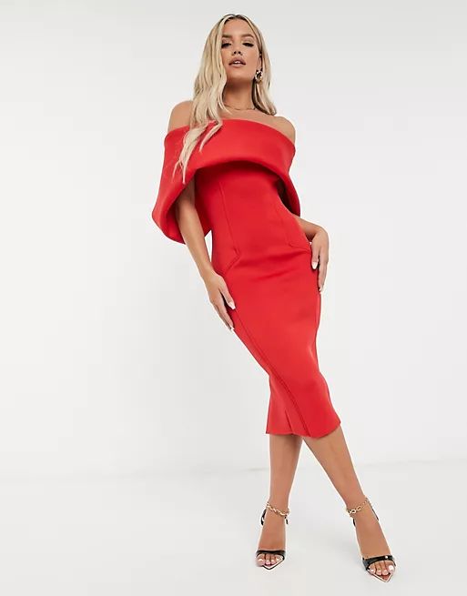 fold front bardot midi pencil dress in hot red