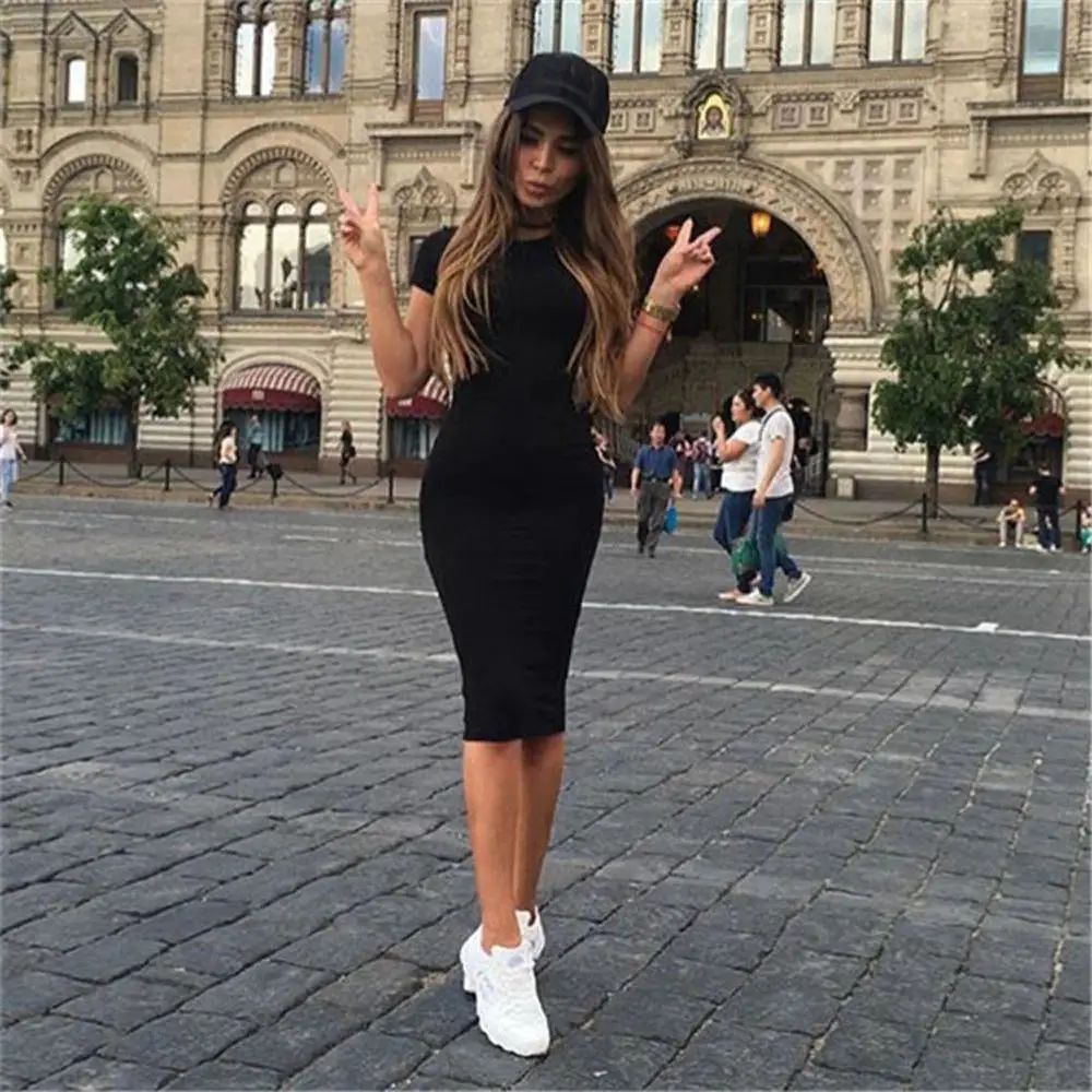 Long Sleeve Slim Body con Dress Tunic Round Neck Casual Pencil Dress