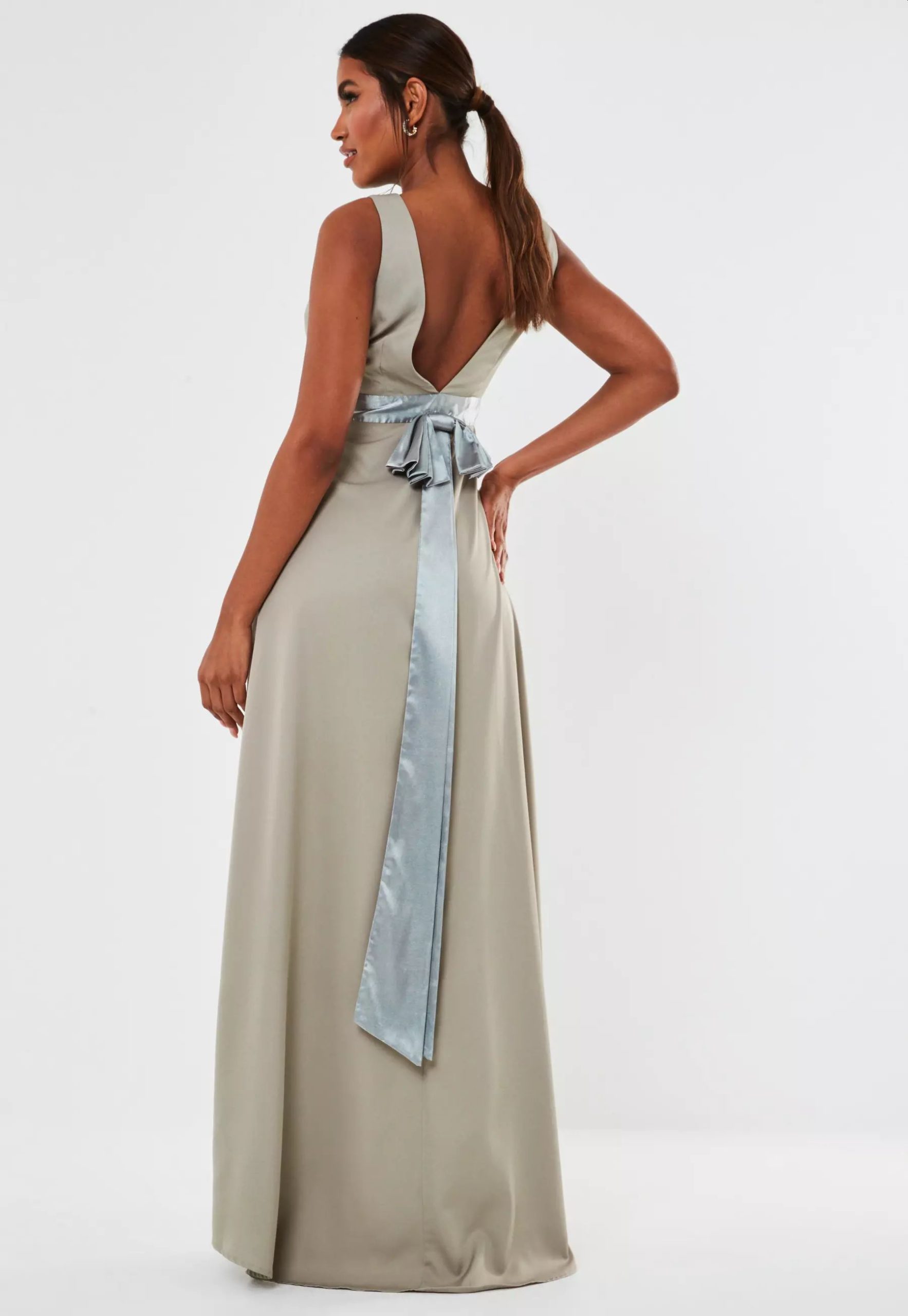 grey sleeveless low back bow maxi bridesmaid dress